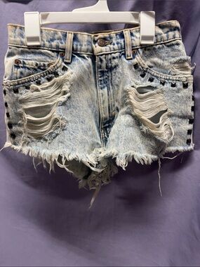 Light Blue Acid-Wash Distressed Denim Shorts with Stud Detail
